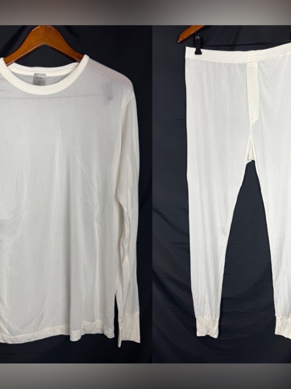 VTG 90s Eddie Bauer 100% Silk Long Sleeve Base Layer Shirt/Pants Cream Mens XL